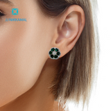 EXQUISITE 18KT SOLID YELLOW GOLD NATURAL EMERALDS AND DIAMOND EAR STUDS. A MESMERIZING BLEND OF TIMELESS ELEGANCE & CAPTIVATING ALLURE
