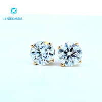Moissanite Studs 8 mm 2 Carats Each with Four Prong Setting in Solid 14k White & Yellow Gold