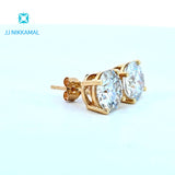 Moissanite Studs 8 mm 2 Carats Each with Four Prong Setting in Solid 14k White & Yellow Gold