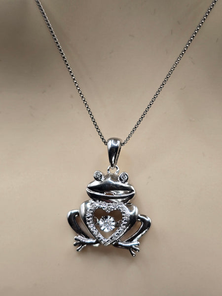 Sterling Silver Frog Design Necklace with Natural Diamonds