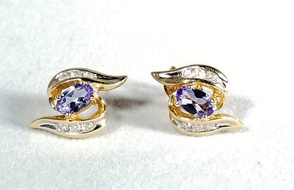 Diamond Studs with Natural Tannzanite in Solid 14Kt Yellow Gold
