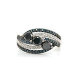 Black, White & Blue Diamond Ring in Solid 14Kt White Gold