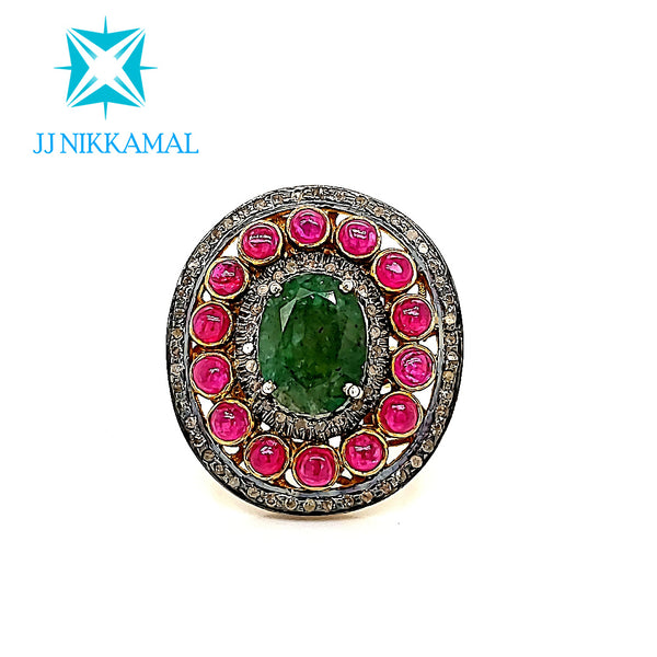 Beautiful Natural Emerald, Rubies and Diamond Cocktail Ring in Sterling Silver