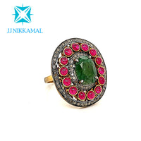 Beautiful Natural Emerald, Rubies and Diamond Cocktail Ring in Sterling Silver