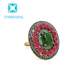 Beautiful Natural Emerald, Rubies and Diamond Cocktail Ring in Sterling Silver
