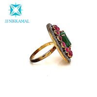 Beautiful Natural Emerald, Rubies and Diamond Cocktail Ring in Sterling Silver