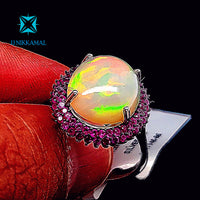 Gorgeous Natural Rubies and Opal Cocktail Ring in Sterling Silver