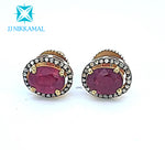 Antique Natural Rubies & Diamond Studs Set in Sterling Silver