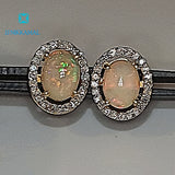 Antique Finish Natural Opal & Diamond Studs Set in Sterling Silver