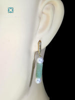 14Kt Solid Gold Diamond Earrings with Jade & Freshwater Pearls