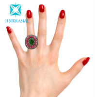 Beautiful Natural Emerald, Rubies and Diamond Cocktail Ring in Sterling Silver