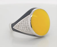 Yellow & Black Enamel Ring in Sterling Silver with Cz