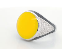 Yellow & Black Enamel Ring in Sterling Silver with Cz
